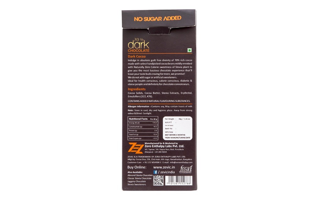 Zevic 70% Dark Zesty Orange Stevia Chocolate   Box  40 grams